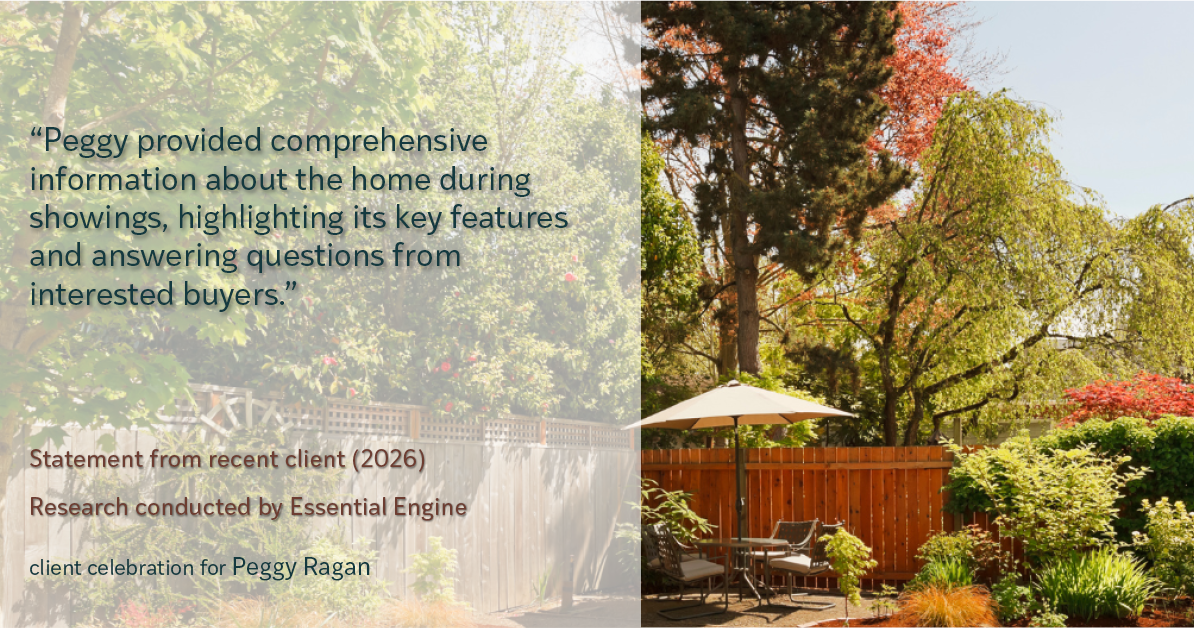 Testimonial for real estate agent Peggy Ragan with United Real Estate Kansas City in Kansas City, MO: "Peggy provided comprehensive information about the home during showings, highlighting its key features and answering questions from interested buyers."