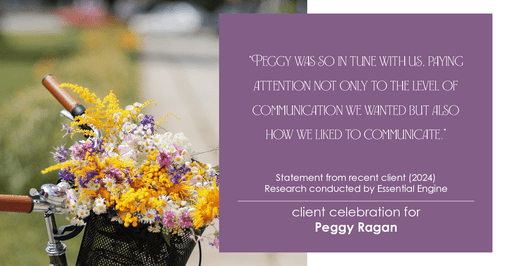 Testimonial for real estate agent Peggy Ragan with United Real Estate Kansas City in Kansas City, MO: "Peggy was so in tune with us, paying attention not only to the level of communication we wanted but also how we liked to communicate."