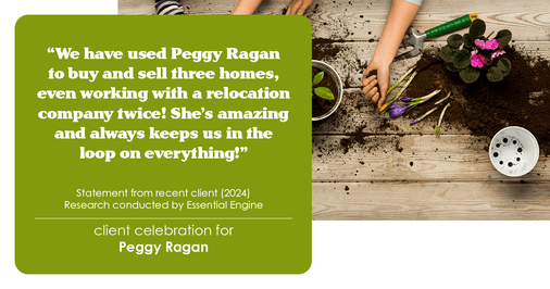 Testimonial for real estate agent Peggy Ragan with United Real Estate Kansas City in Kansas City, MO: "We have used Peggy Ragan to buy and sell three homes, even working with a relocation company twice! She's amazing and always keeps us in the loop on everything!"