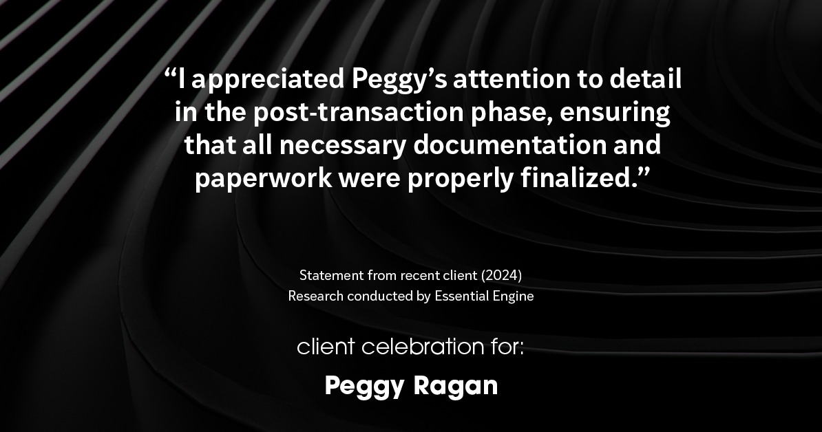 Testimonial for real estate agent Peggy Ragan with United Real Estate Kansas City in Kansas City, MO: "I appreciated Peggy's attention to detail in the post-transaction phase, ensuring that all necessary documentation and paperwork were properly finalized."