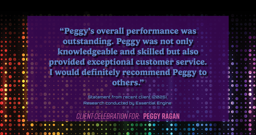 Testimonial for real estate agent Peggy Ragan with United Real Estate Kansas City in Kansas City, MO: "Peggy's overall performance was outstanding. Peggy was not only knowledgeable and skilled but also provided exceptional customer service. I would definitely recommend Peggy to others."