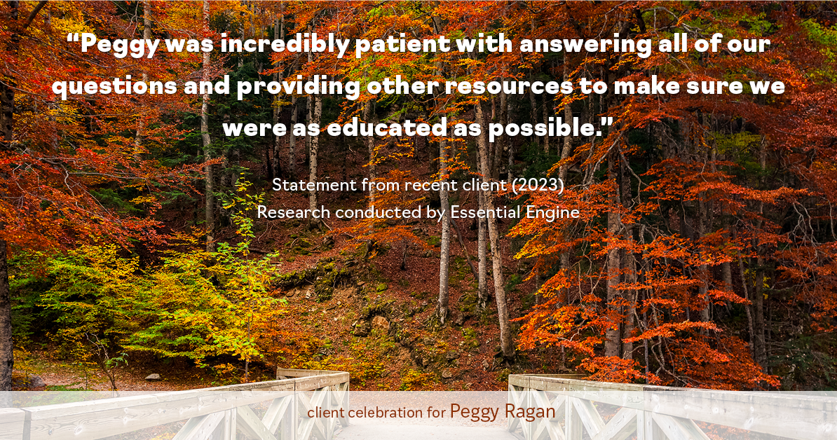 Testimonial for real estate agent Peggy Ragan with United Real Estate Kansas City in Kansas City, MO: "Peggy was incredibly patient with answering all of our questions and providing other resources to make sure we were as educated as possible."