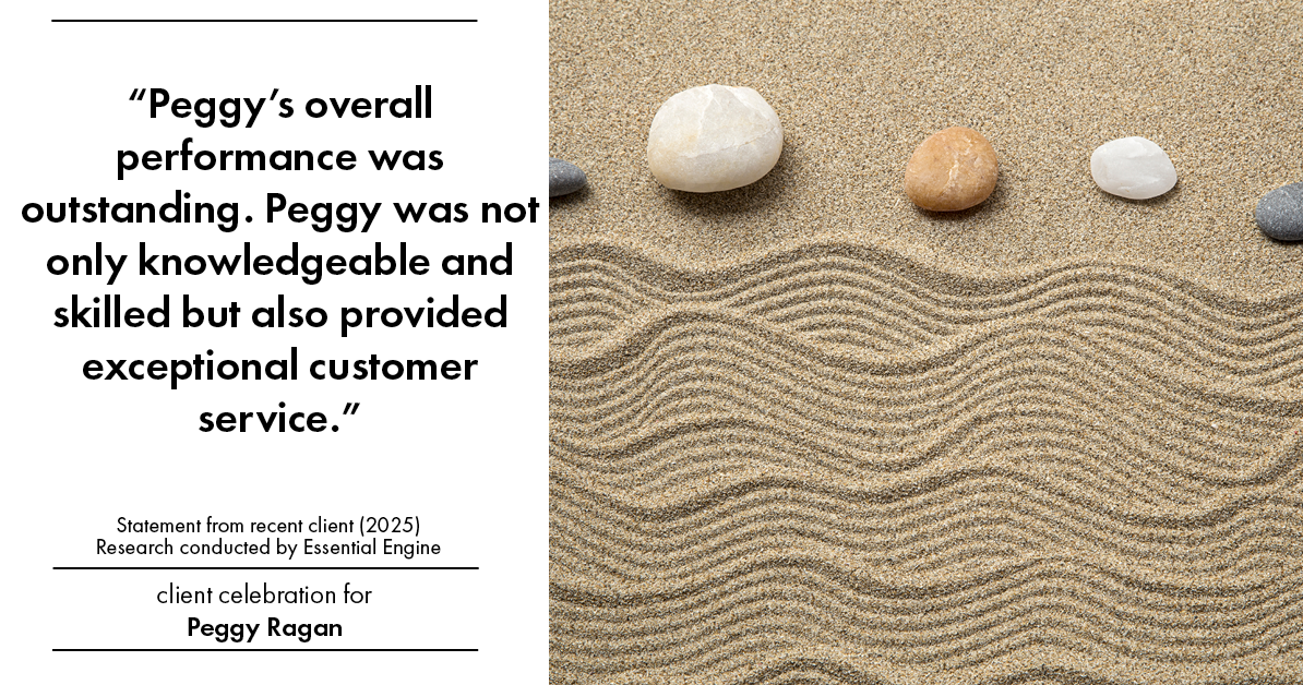 Testimonial for real estate agent Peggy Ragan with United Real Estate Kansas City in Kansas City, MO: "Peggy's overall performance was outstanding. Peggy was not only knowledgeable and skilled but also provided exceptional customer service."