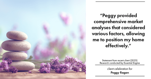 Testimonial for real estate agent Peggy Ragan with United Real Estate Kansas City in Kansas City, MO: "Peggy provided comprehensive market analyses that considered various factors, allowing me to position my home effectively."