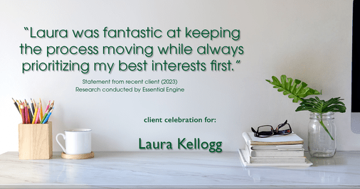 Testimonial for real estate agent Laura Kellogg with Keller Williams Realty in Plano, TX: "Laura was fantastic at keeping the process moving while always prioritizing my best interests first."