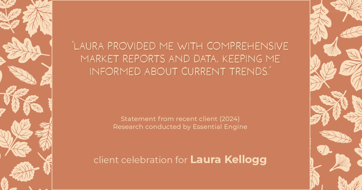 Testimonial for real estate agent Laura Kellogg with Keller Williams Realty in Plano, TX: "Laura provided me with comprehensive market reports and data, keeping me informed about current trends."