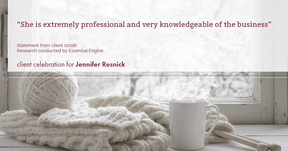 Testimonial for real estate agent Jennifer Resnick with eXp Realty in , : "She is extremely professional and very knowledgeable of the business"