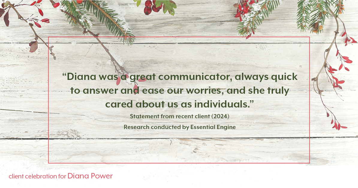 Testimonial for real estate agent Diana Power with Texas Power Real Estate in , : "Diana was a great communicator, always quick to answer and ease our worries, and she truly cared about us as individuals."