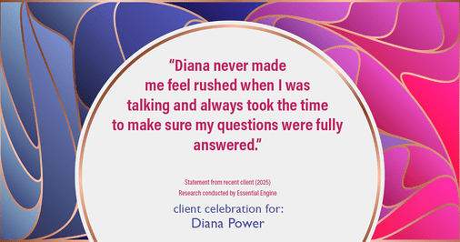 Testimonial for real estate agent Diana Power with Texas Power Real Estate in , : "Diana never made me feel rushed when I was talking and always took the time to make sure my questions were fully answered."