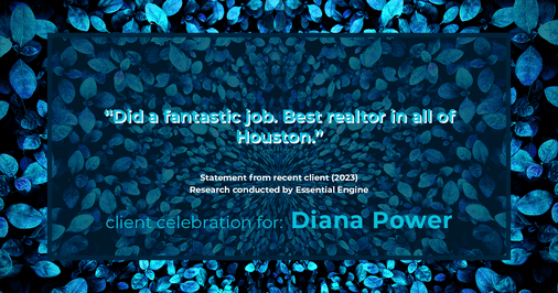 Testimonial for real estate agent Diana Power with Texas Power Real Estate in , : "Did a fantastic job. Best realtor in all of Houston."
