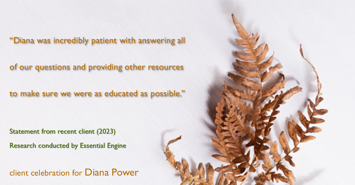 Testimonial for real estate agent Diana Power with Texas Power Real Estate in , : "Diana was incredibly patient with answering all of our questions and providing other resources to make sure we were as educated as possible."