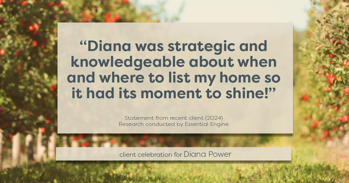 Testimonial for real estate agent Diana Power with Texas Power Real Estate in , : "Diana was strategic and knowledgeable about when and where to list my home so it had its moment to shine!"