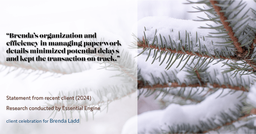 Testimonial for real estate agent Brenda Ladd with Coldwell Banker Realty-Gunndaker in St Louis, MO: "Brenda's organization and efficiency in managing paperwork details minimized potential delays and kept the transaction on track."