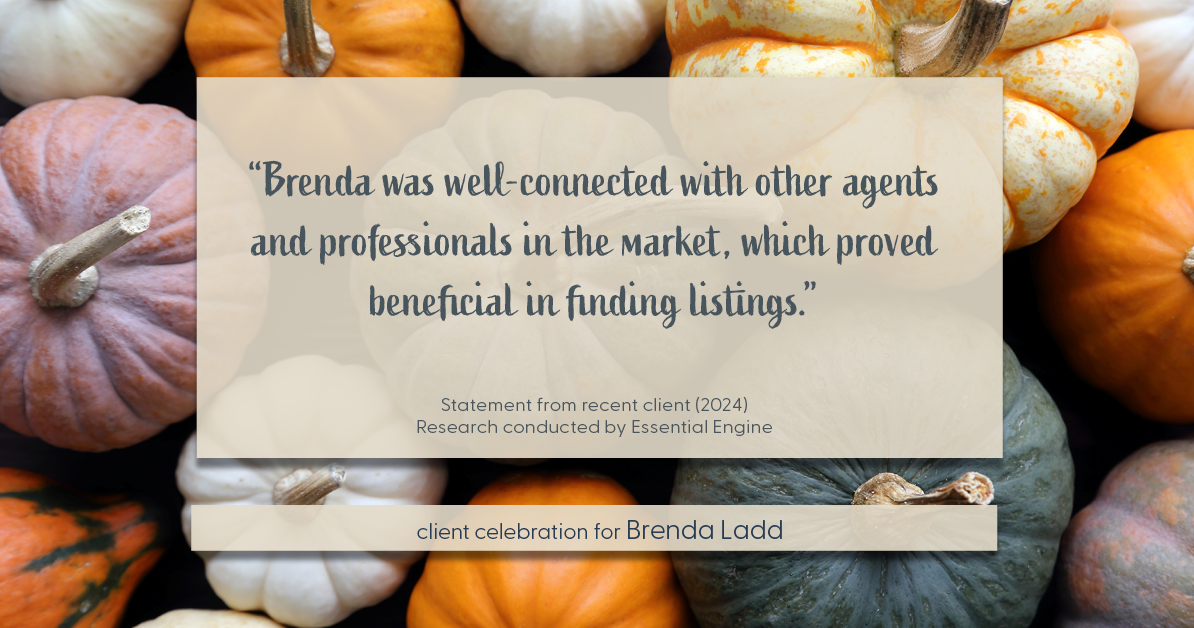 Testimonial for real estate agent Brenda Ladd with Coldwell Banker Realty-Gunndaker in St Louis, MO: "Brenda was well-connected with other agents and professionals in the market, which proved beneficial in finding listings."