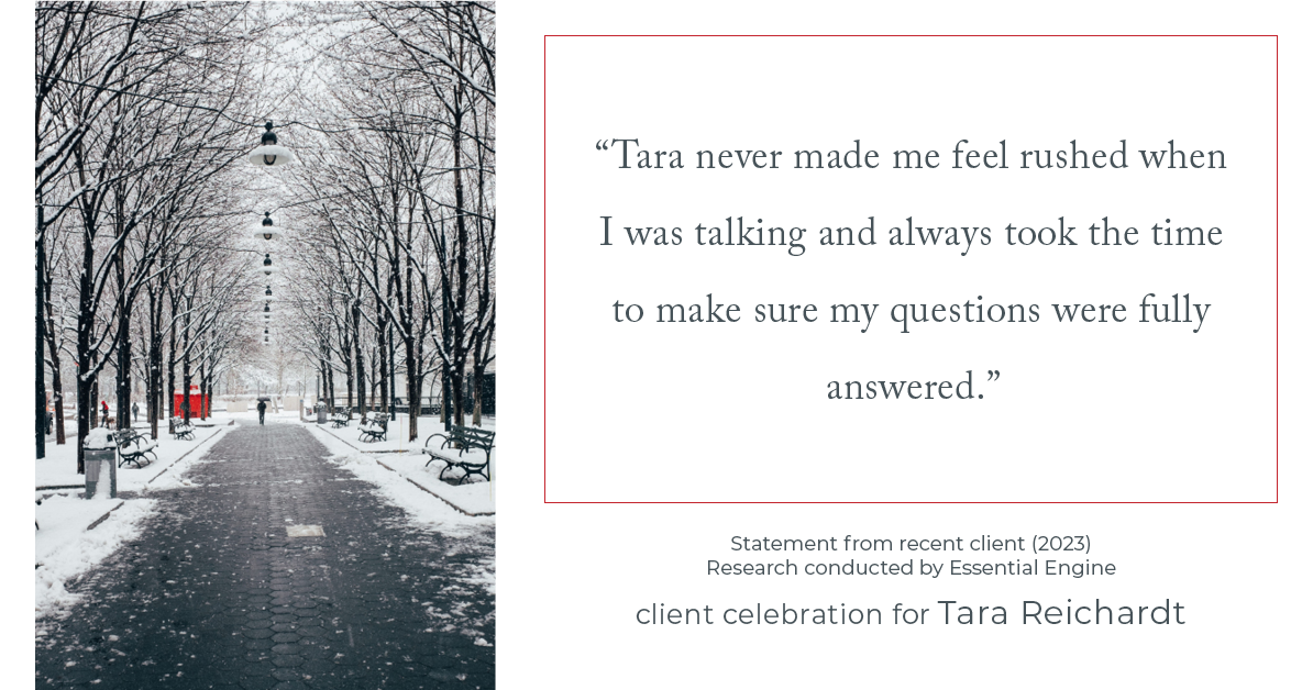 Testimonial for real estate agent Tara Reichardt with Abbitt Realty Co. LLC in Hampton, VA: "Tara never made me feel rushed when I was talking and always took the time to make sure my questions were fully answered."