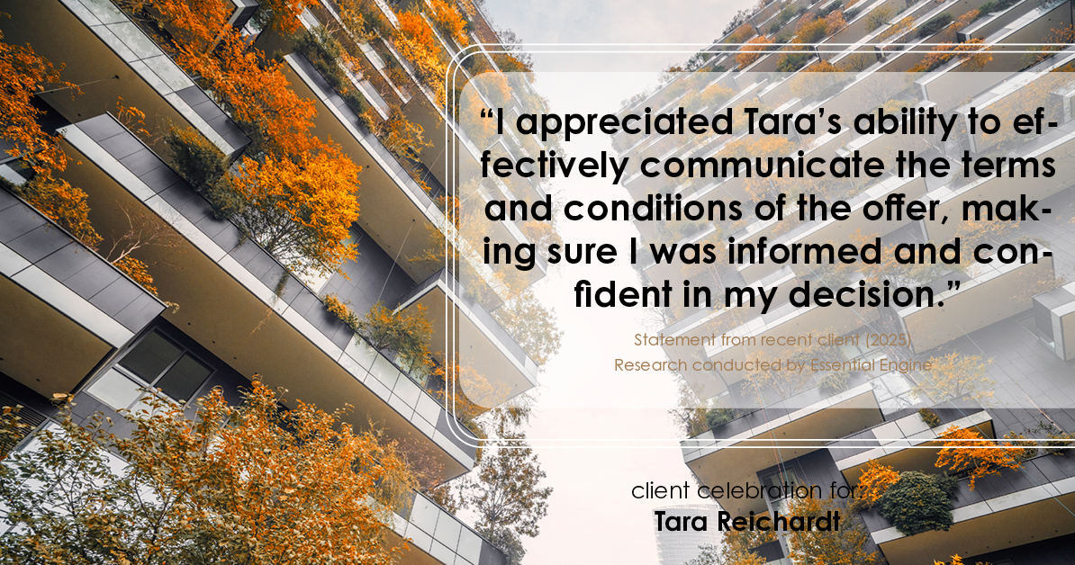 Testimonial for real estate agent Tara Reichardt with Abbitt Realty Co. LLC in Hampton, VA: "I appreciated Tara's ability to effectively communicate the terms and conditions of the offer, making sure I was informed and confident in my decision."