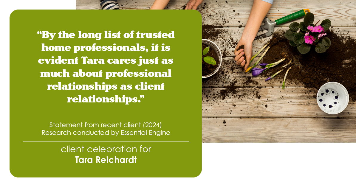 Testimonial for real estate agent Tara Reichardt with Abbitt Realty Co. LLC in Hampton, VA: "By the long list of trusted home professionals, it is evident Tara cares just as much about professional relationships as client relationships."