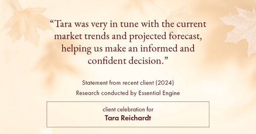 Testimonial for real estate agent Tara Reichardt with Abbitt Realty Co. LLC in Hampton, VA: "Tara was very in tune with the current market trends and projected forecast, helping us make an informed and confident decision."