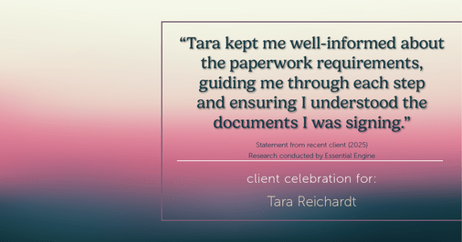 Testimonial for real estate agent Tara Reichardt with Abbitt Realty Co. LLC in Hampton, VA: "Tara kept me well-informed about the paperwork requirements, guiding me through each step and ensuring I understood the documents I was signing."