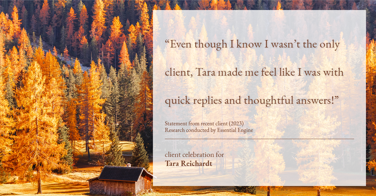 Testimonial for real estate agent Tara Reichardt with Abbitt Realty Co. LLC in Hampton, VA: "Even though I know I wasn't the only client, Tara made me feel like I was with quick replies and thoughtful answers!"