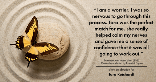 Testimonial for real estate agent Tara Reichardt with Abbitt Realty Co. LLC in Hampton, VA: "I am a worrier. I was so nervous to go through this process. Tara was the perfect match for me. she really helped calm my nerves and gave me a sense of confidence that it was all going to work out."
