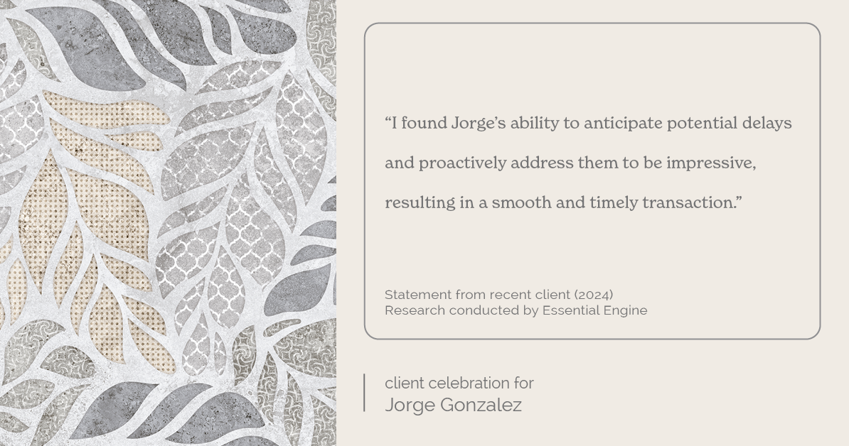 Testimonial for real estate agent Jorge Gonzalez with Coldwell Banker Denver Central in Denver, CO: "I found Jorge's ability to anticipate potential delays and proactively address them to be impressive, resulting in a smooth and timely transaction."