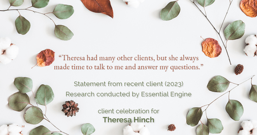 Testimonial for real estate agent Theresa Hinch with Madison & Co, Properties in Denver, CO: "Theresa had many other clients, but she always made time to talk to me and answer my questions."