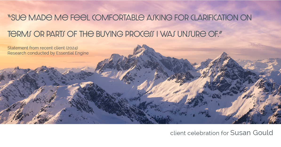 Testimonial for real estate agent Sue Gould in , : "Sue made me feel comfortable asking for clarification on terms or parts of the buying process I was unsure of."