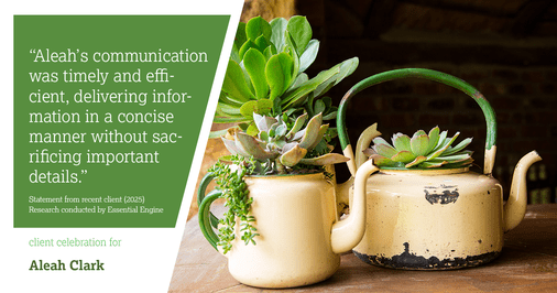 Testimonial for real estate agent Aleah Clark in , : "Aleah's communication was timely and efficient, delivering information in a concise manner without sacrificing important details."