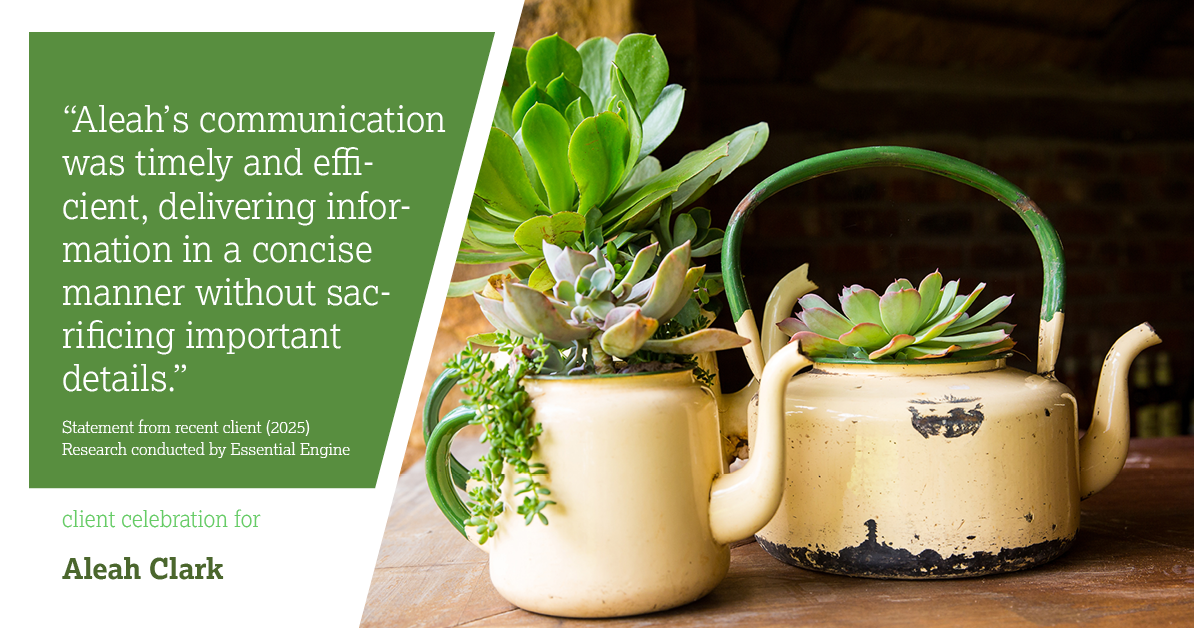 Testimonial for real estate agent Aleah Clark in , : "Aleah's communication was timely and efficient, delivering information in a concise manner without sacrificing important details."