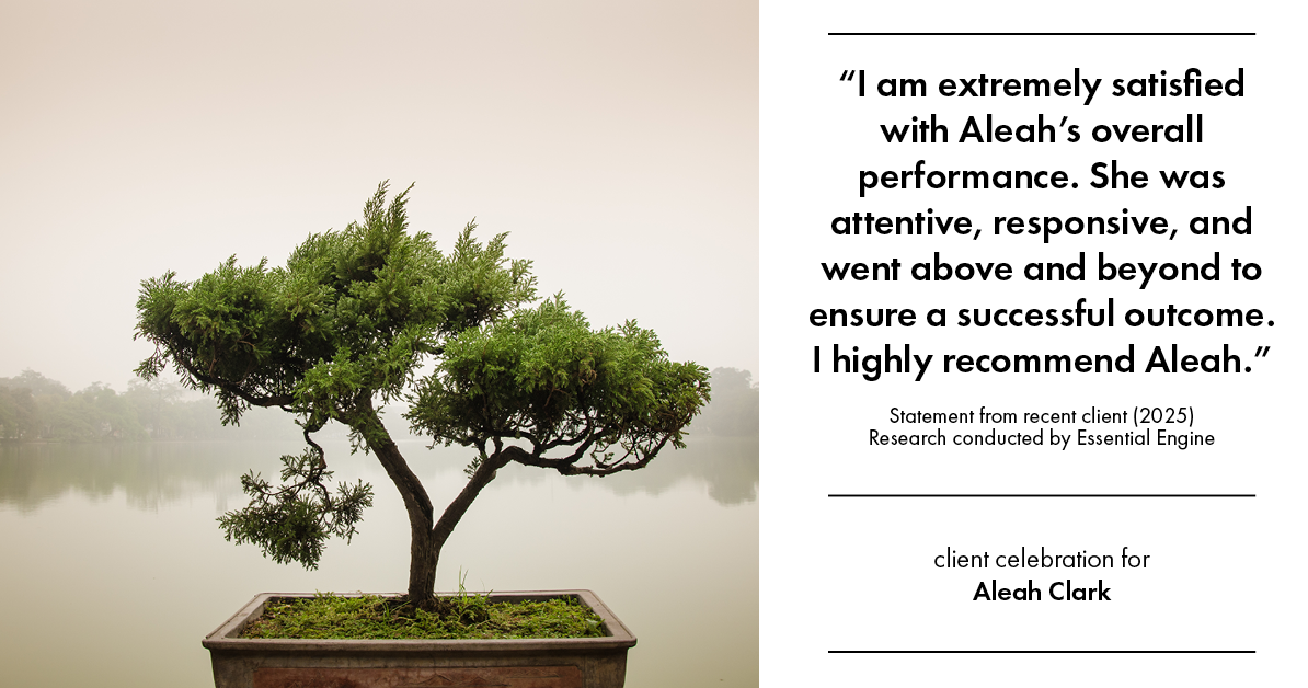Testimonial for real estate agent Aleah Clark in , : "I am extremely satisfied with Aleah's overall performance. she was attentive, responsive, and went above and beyond to ensure a successful outcome. I highly recommend Aleah."