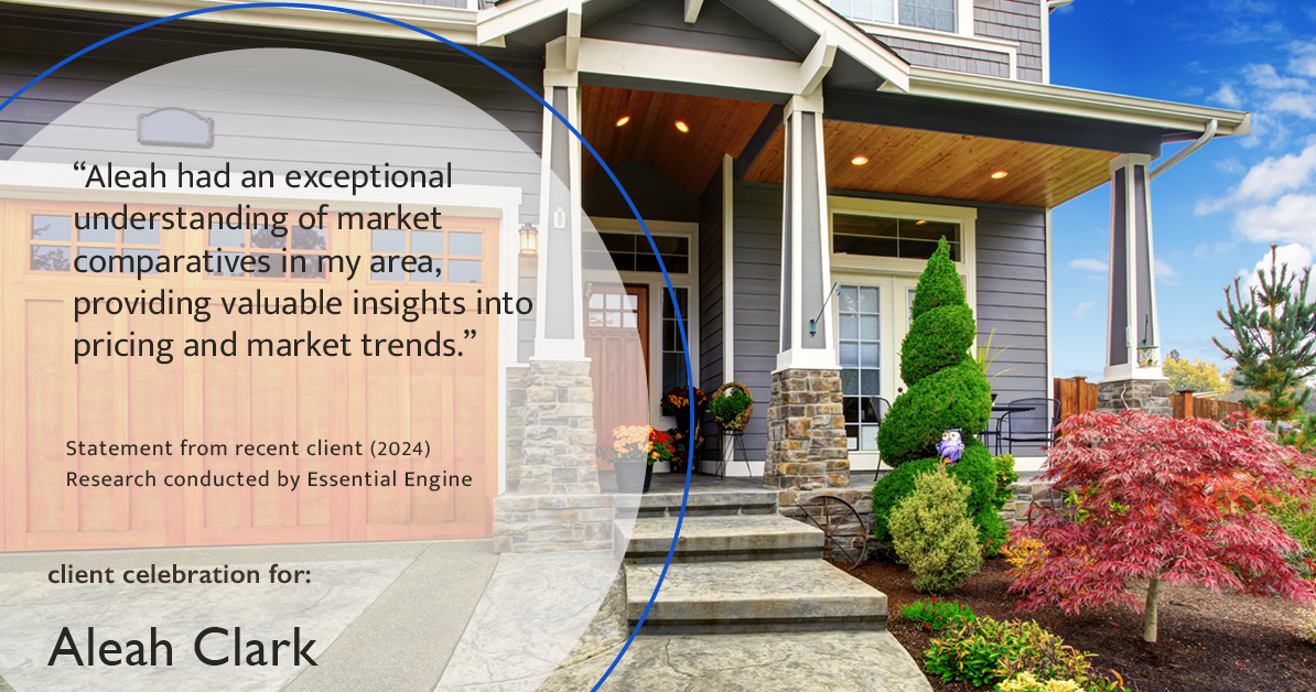 Testimonial for real estate agent Aleah Clark in , : "Aleah had an exceptional understanding of market comparatives in my area, providing valuable insights into pricing and market trends."