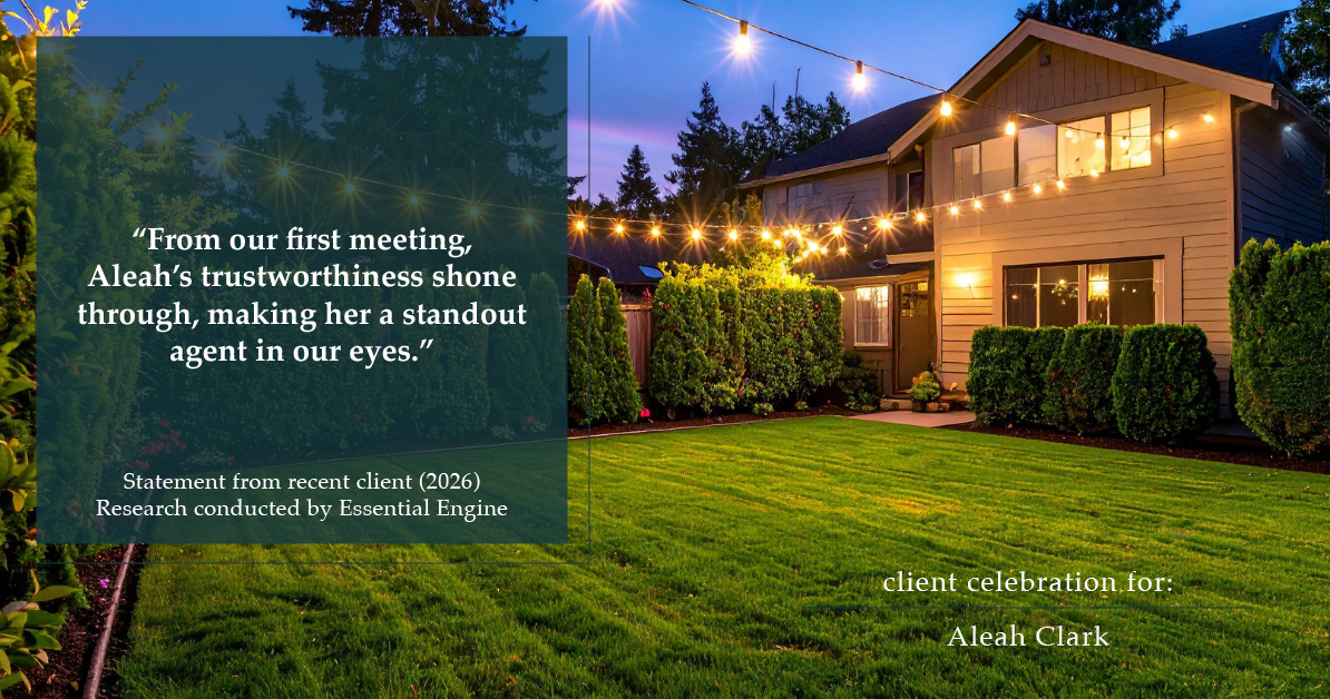 Testimonial for real estate agent Aleah Clark in , : "From our first meeting, Aleah's trustworthiness shone through, making her a standout agent in our eyes."