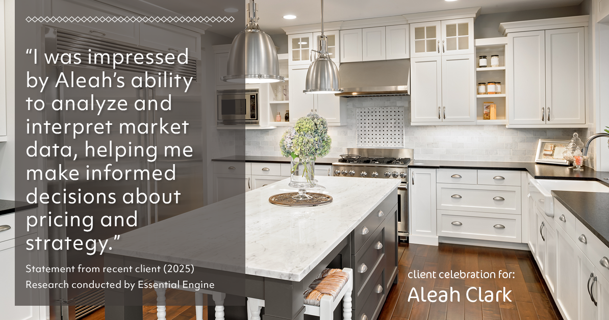 Testimonial for real estate agent Aleah Clark in , : "I was impressed by Aleah's ability to analyze and interpret market data, helping me make informed decisions about pricing and strategy."