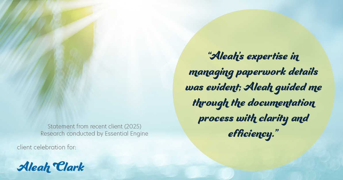 Testimonial for real estate agent Aleah Clark in , : "Aleah's expertise in managing paperwork details was evident; Aleah guided me through the documentation process with clarity and efficiency."