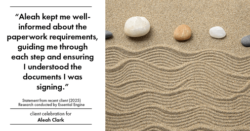 Testimonial for real estate agent Aleah Clark in , : "Aleah kept me well-informed about the paperwork requirements, guiding me through each step and ensuring I understood the documents I was signing."