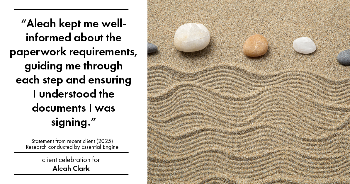 Testimonial for real estate agent Aleah Clark in , : "Aleah kept me well-informed about the paperwork requirements, guiding me through each step and ensuring I understood the documents I was signing."