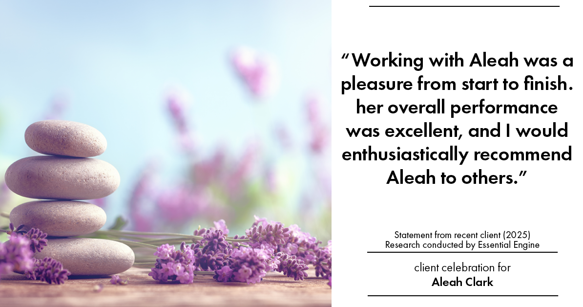 Testimonial for real estate agent Aleah Clark in , : "Working with Aleah was a pleasure from start to finish. her overall performance was excellent, and I would enthusiastically recommend Aleah to others."