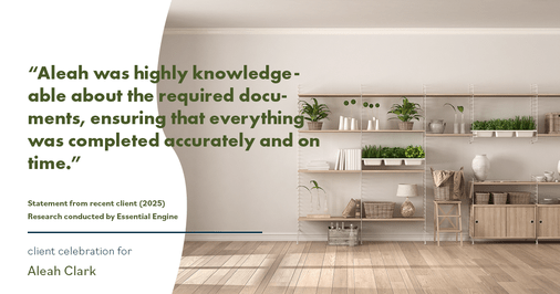 Testimonial for real estate agent Aleah Clark in , : "Aleah was highly knowledgeable about the required documents, ensuring that everything was completed accurately and on time."