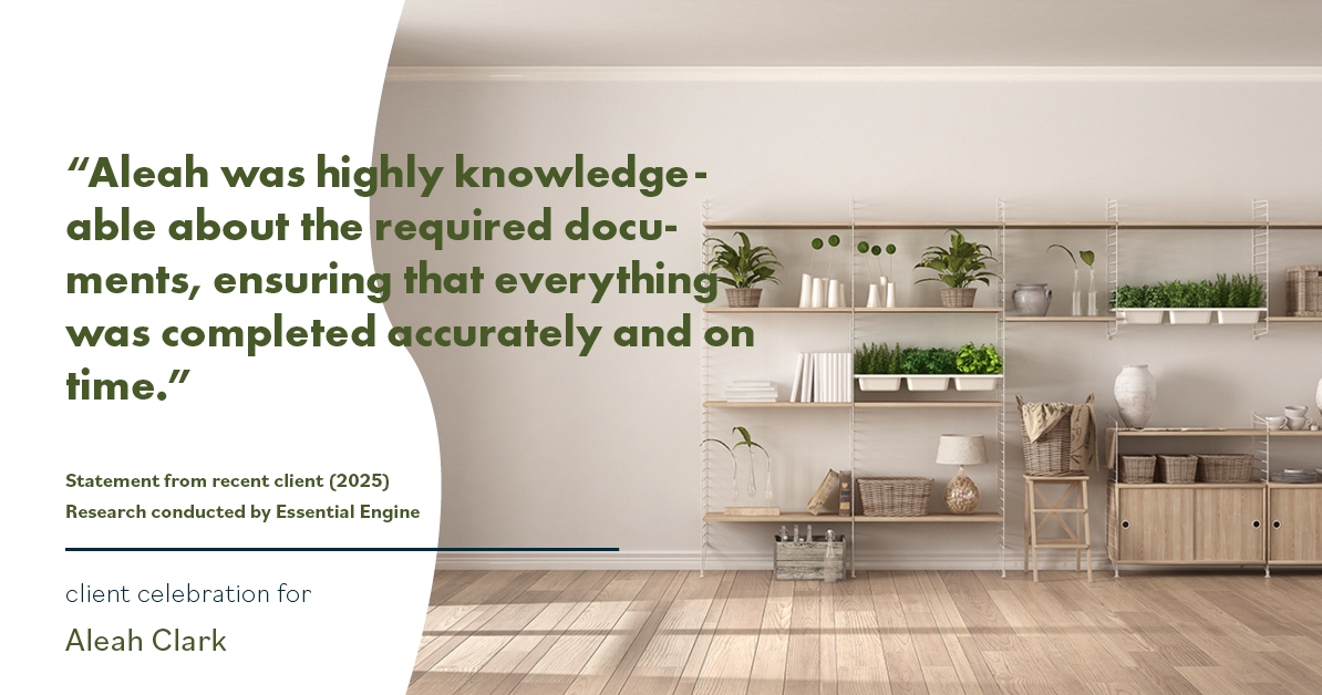 Testimonial for real estate agent Aleah Clark in , : "Aleah was highly knowledgeable about the required documents, ensuring that everything was completed accurately and on time."