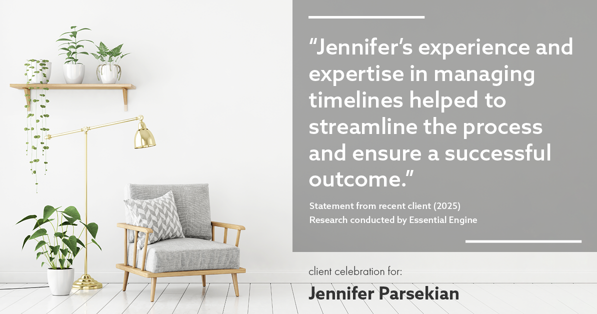 Testimonial for real estate agent Jennifer Parsekian with KW Village Square Realty in Ridgewood, New Jersey: "Jennifer's experience and expertise in managing timelines helped to streamline the process and ensure a successful outcome."