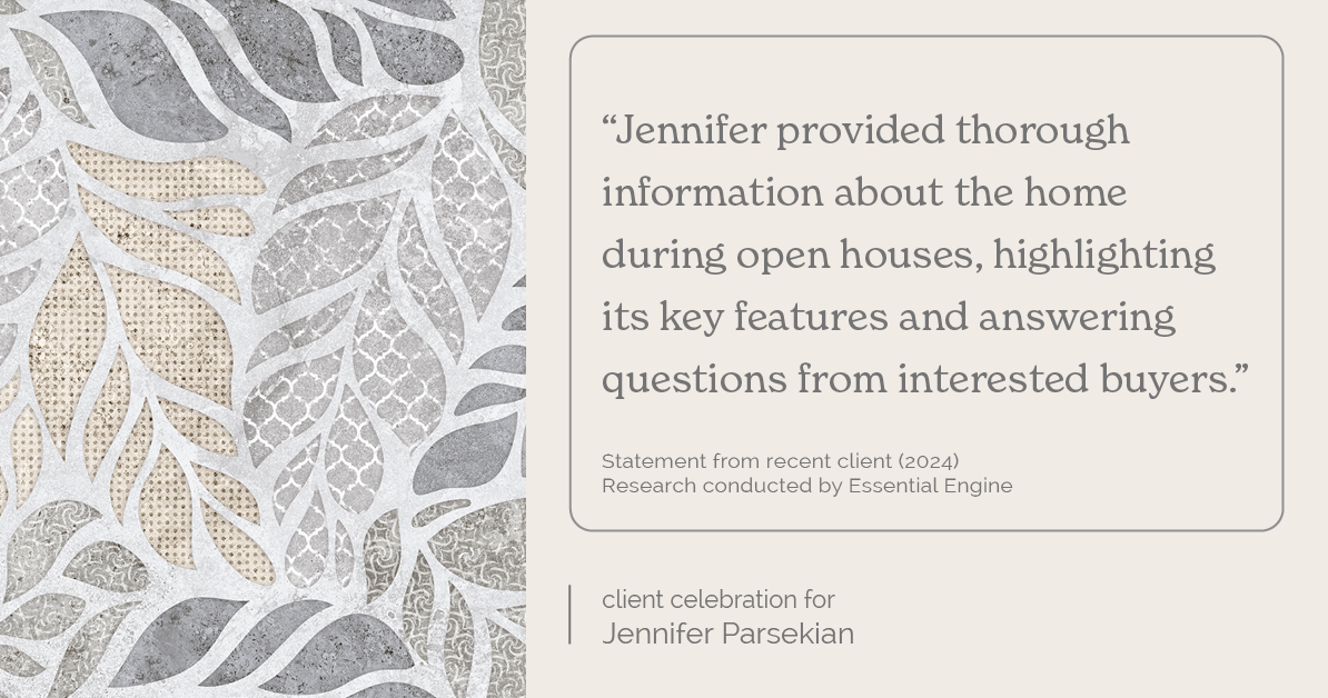 Testimonial for real estate agent Jennifer Parsekian with KW Village Square Realty in Ridgewood, New Jersey: "Jennifer provided thorough information about the home during open houses, highlighting its key features and answering questions from interested buyers."