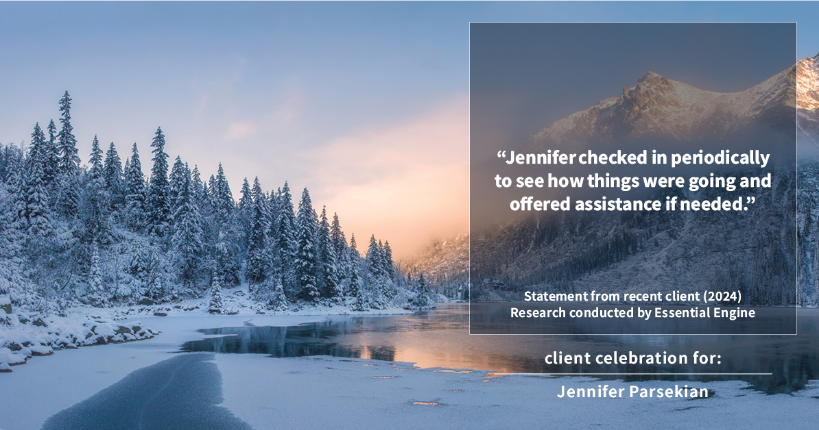 Testimonial for real estate agent Jennifer Parsekian with KW Village Square Realty in Ridgewood, New Jersey: "Jennifer checked in periodically to see how things were going and offered assistance if needed."