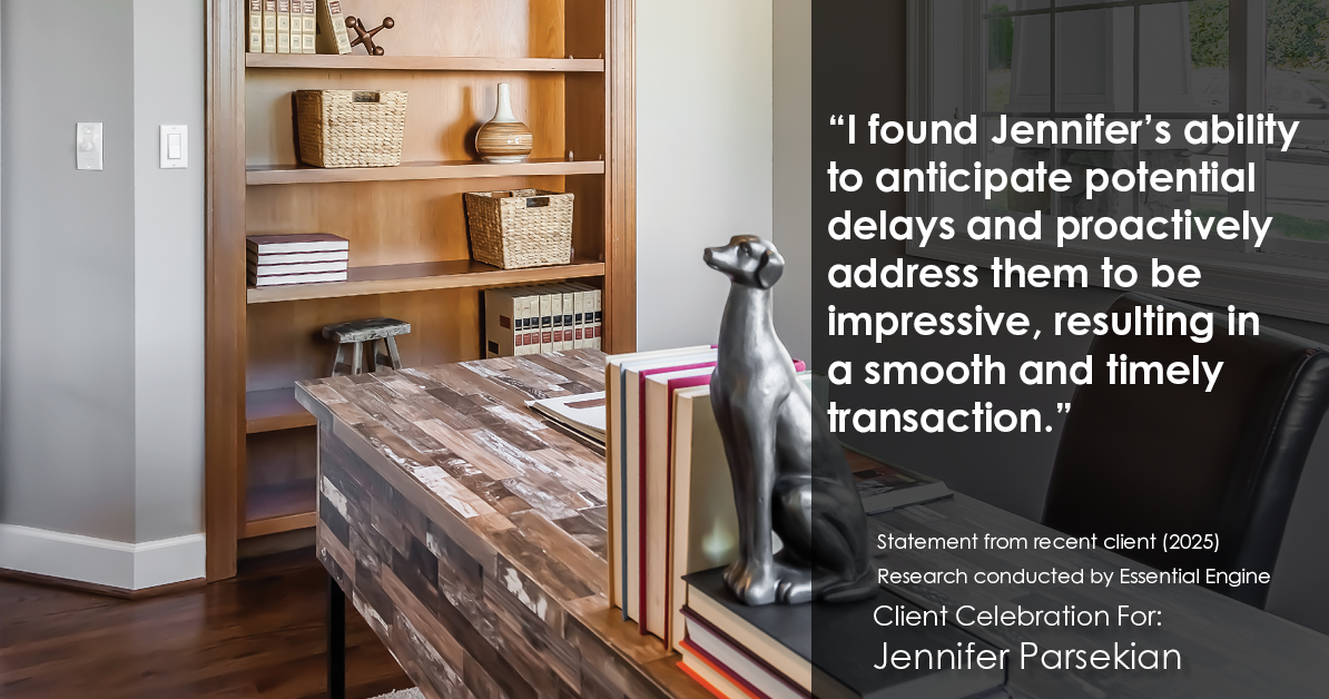 Testimonial for real estate agent Jennifer Parsekian with KW Village Square Realty in Ridgewood, New Jersey: "I found Jennifer's ability to anticipate potential delays and proactively address them to be impressive, resulting in a smooth and timely transaction."