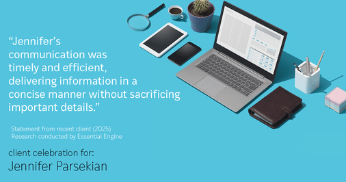 Testimonial for real estate agent Jennifer Parsekian with KW Village Square Realty in Ridgewood, New Jersey: "Jennifer's communication was timely and efficient, delivering information in a concise manner without sacrificing important details."