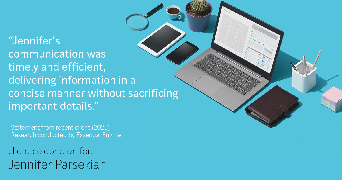 Testimonial for real estate agent Jennifer Parsekian with KW Village Square Realty in Ridgewood, New Jersey: "Jennifer's communication was timely and efficient, delivering information in a concise manner without sacrificing important details."
