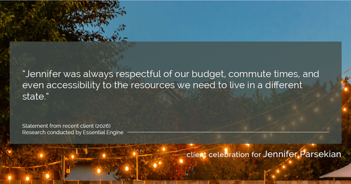 Testimonial for real estate agent Jennifer Parsekian with KW Village Square Realty in Ridgewood, New Jersey: “Jennifer was always respectful of our budget, commute times, and even accessibility to the resources we need to live in a different state.”