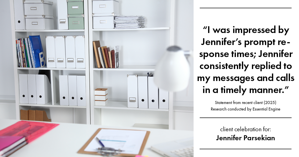 Testimonial for real estate agent Jennifer Parsekian with KW Village Square Realty in Ridgewood, New Jersey: "I was impressed by Jennifer's prompt response times; Jennifer consistently replied to my messages and calls in a timely manner."