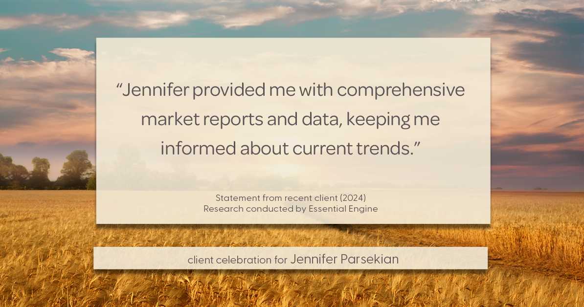 Testimonial for real estate agent Jennifer Parsekian with KW Village Square Realty in Ridgewood, New Jersey: "Jennifer provided me with comprehensive market reports and data, keeping me informed about current trends."