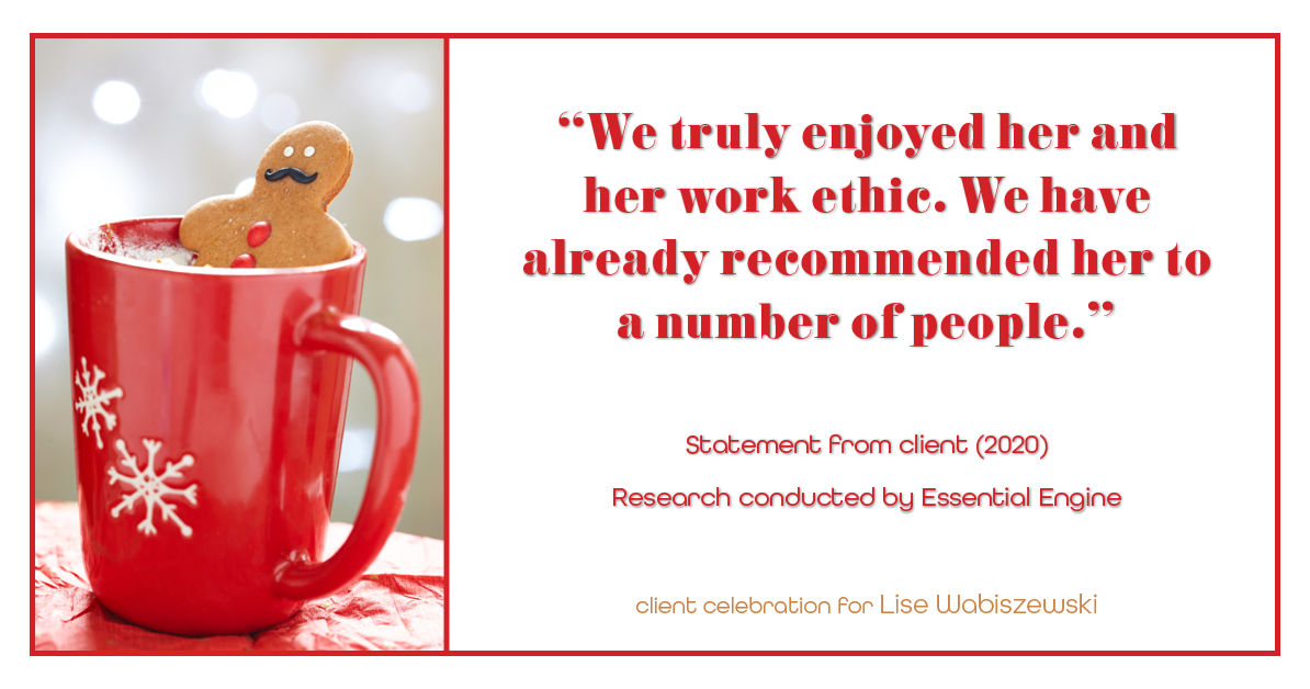 Testimonial for real estate agent Lise Wabiszewski with First Weber Inc~Mequon in Mequon, WI: "We truly enjoyed her and her work ethic. We have already recommended her to a number of people."